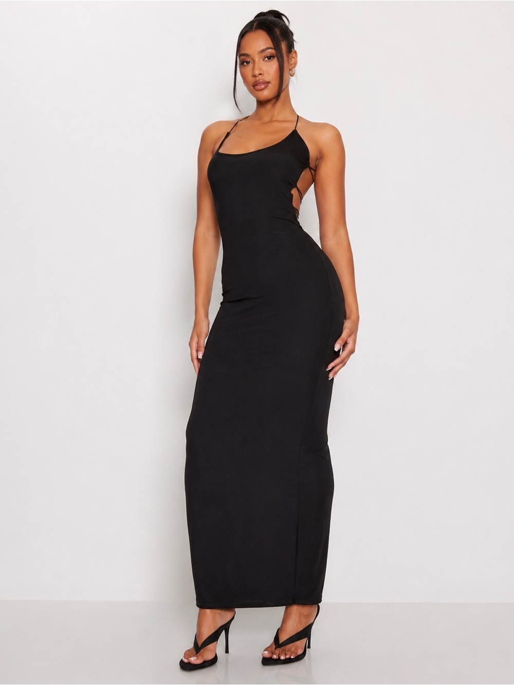 Pretty Little Thing Black Slinky Lace Up Strappy Back Maxi Dress Nwt Size 6 8